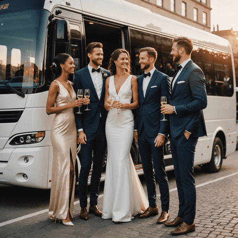 Wedding guests boarding a luxury coach